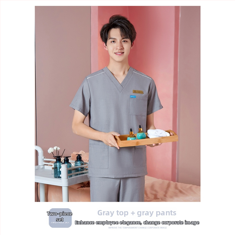 Unisex darba apģērbs skaistumkopšanas tehniķiem ar radiācijas aizsardzību, poliestera-spandeksa audums, garās piedurknes, V formas kakls