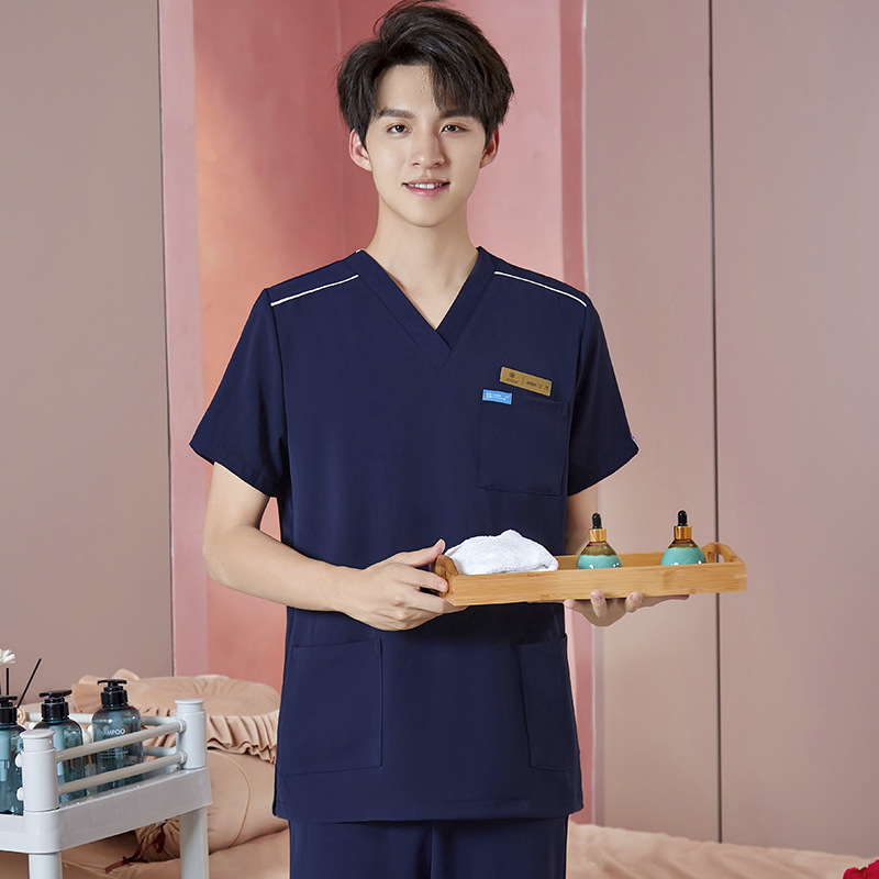 Unisex darba apģērbs skaistumkopšanas tehniķiem ar radiācijas aizsardzību, poliestera-spandeksa audums, garās piedurknes, V formas kakls