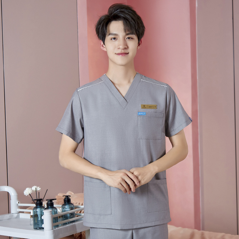 Unisex darba apģērbs skaistumkopšanas tehniķiem ar radiācijas aizsardzību, poliestera-spandeksa audums, garās piedurknes, V formas kakls