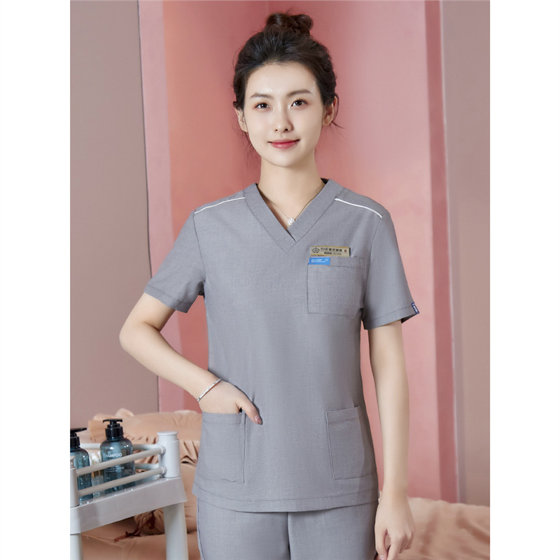 Unisex darba apģērbs skaistumkopšanas tehniķiem ar radiācijas aizsardzību, poliestera-spandeksa audums, garās piedurknes, V formas kakls