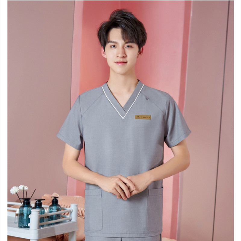 Unisex darba apģērbs skaistumkopšanas tehniķiem ar radiācijas aizsardzību, poliestera-spandeksa audums, garās piedurknes, V formas kakls