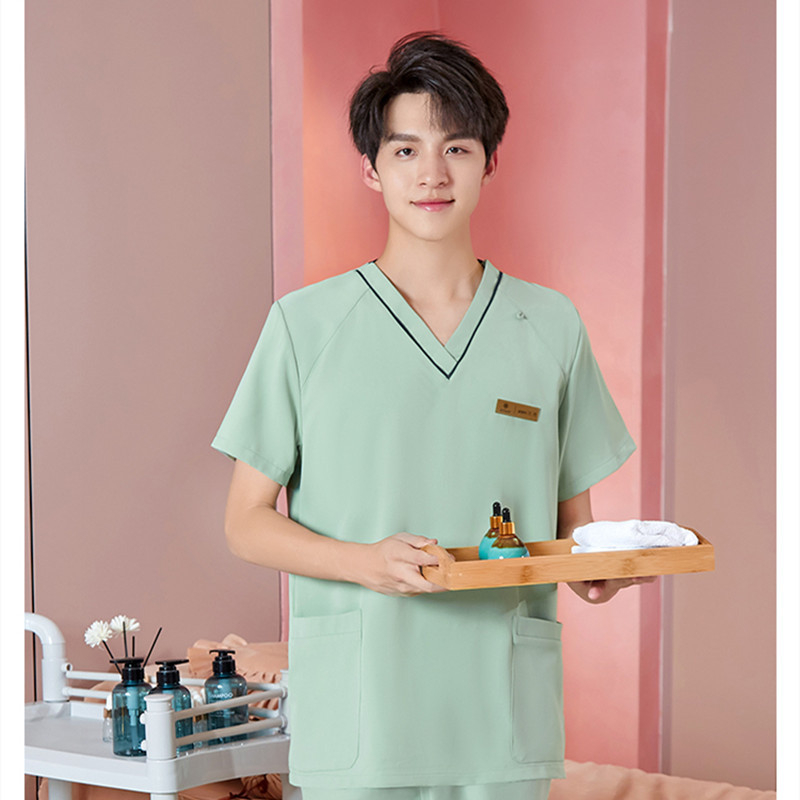 Unisex darba apģērbs skaistumkopšanas tehniķiem ar radiācijas aizsardzību, poliestera-spandeksa audums, garās piedurknes, V formas kakls