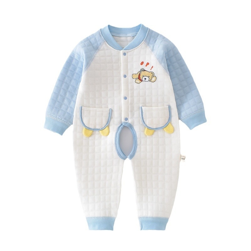 Бебешки памучен подплатен гащеризон с предно откриване, дълги ръкави, дебела подплата, за новородени