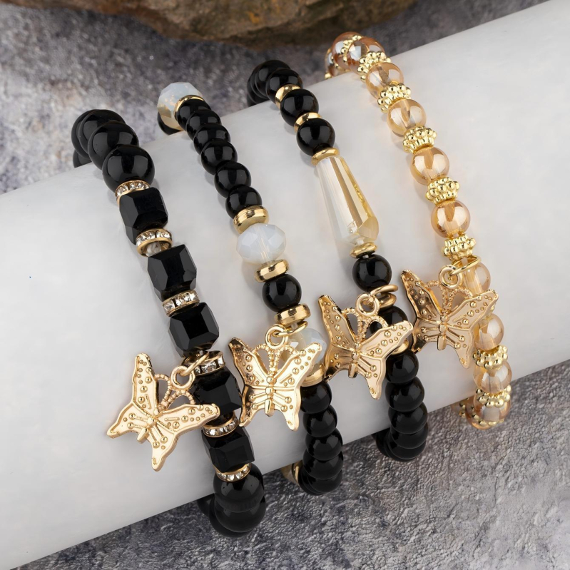 Bohemiska pērļu rokassprādze ar elastīgu auklu, tauriņa kristāli, daudzslāņu dizains, universāla, mākslīgie kristāli (rudens 2025)