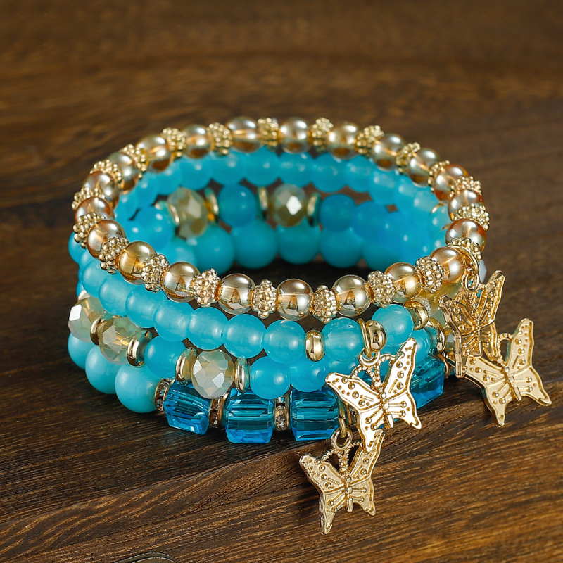 Bohemiska pērļu rokassprādze ar elastīgu auklu, tauriņa kristāli, daudzslāņu dizains, universāla, mākslīgie kristāli (rudens 2025)