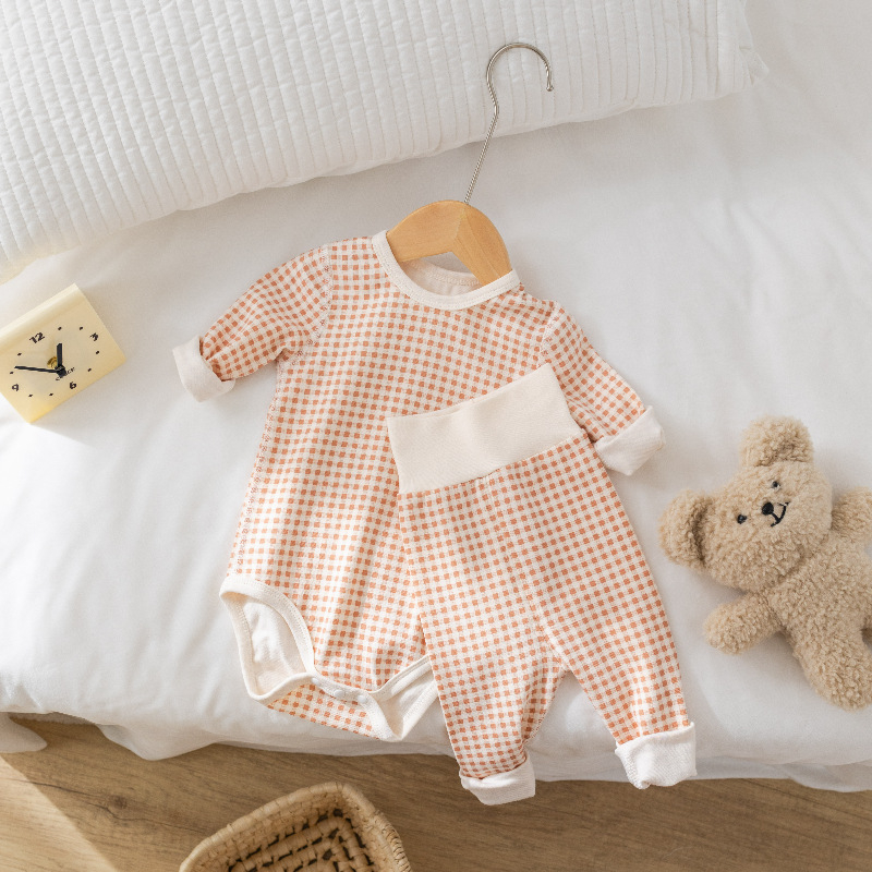 Памучен бебешки комплект за спане, дълъг ръкав, унисекс, новородено 0–12 месеца, есенно‑зимен сезон, памук‑еластан, скрито копче закопчаване