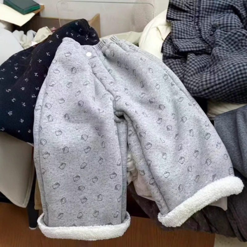Dječje flis hlače za zimu, korejskog stila casual, ravni kroj, 90% pamuk, srednje visok pojas s elastikom