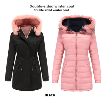 Moteriškas paminkštintas striukės paltas su medvilnės užpildymu, nuimama dirbtinio kailio apykaklė, nuimamas gobtuvas, poliesterio audinys, užtrauktukas, vidutinio ilgio