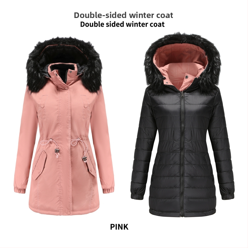 Moteriškas paminkštintas striukės paltas su medvilnės užpildymu, nuimama dirbtinio kailio apykaklė, nuimamas gobtuvas, poliesterio audinys, užtrauktukas, vidutinio ilgio