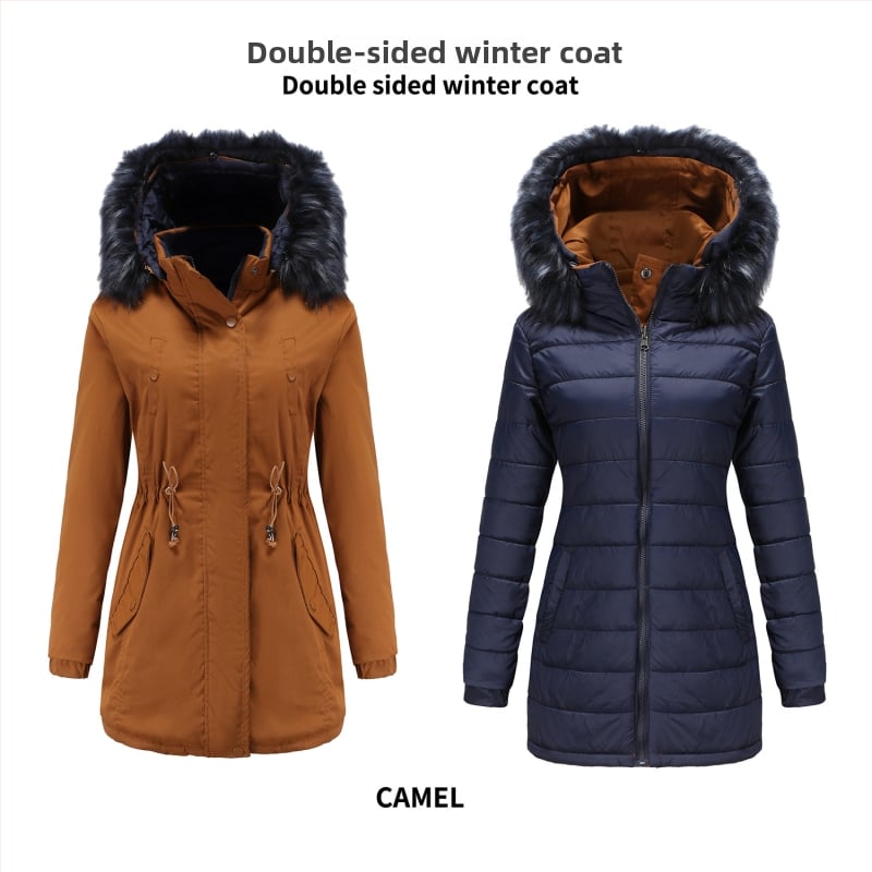 Moteriškas paminkštintas striukės paltas su medvilnės užpildymu, nuimama dirbtinio kailio apykaklė, nuimamas gobtuvas, poliesterio audinys, užtrauktukas, vidutinio ilgio