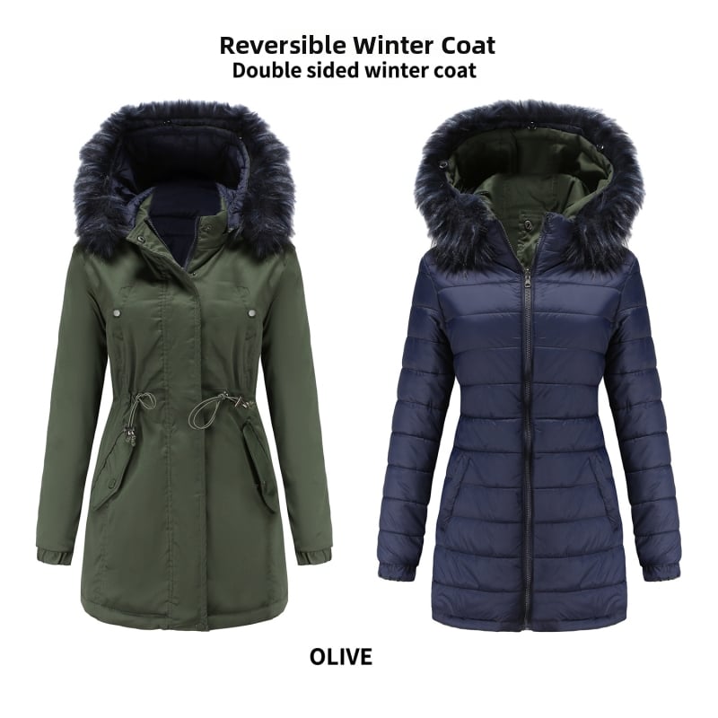 Moteriškas paminkštintas striukės paltas su medvilnės užpildymu, nuimama dirbtinio kailio apykaklė, nuimamas gobtuvas, poliesterio audinys, užtrauktukas, vidutinio ilgio