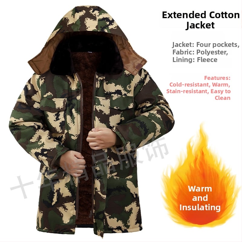 Мъжко памучно работно яке с качулка, подплатено флийсом, камуфлажен принт