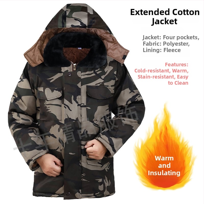 Мъжко памучно работно яке с качулка, подплатено флийсом, камуфлажен принт