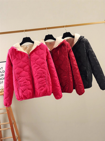 Moterų trumpas medvilnės pūkuotas švarkas su gobtuvu, užtrauktukas, labai stora užpildo sluoksnis, poliesterio audinys