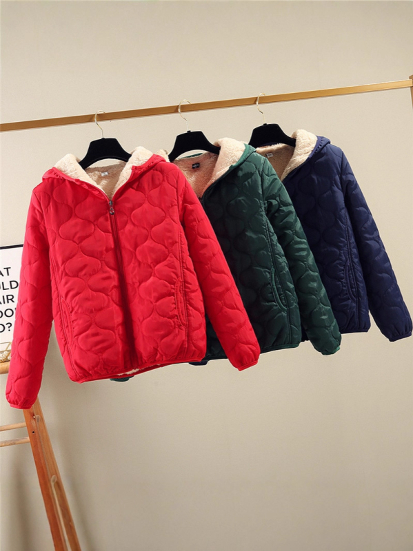 Moterų trumpas medvilnės pūkuotas švarkas su gobtuvu, užtrauktukas, labai stora užpildo sluoksnis, poliesterio audinys