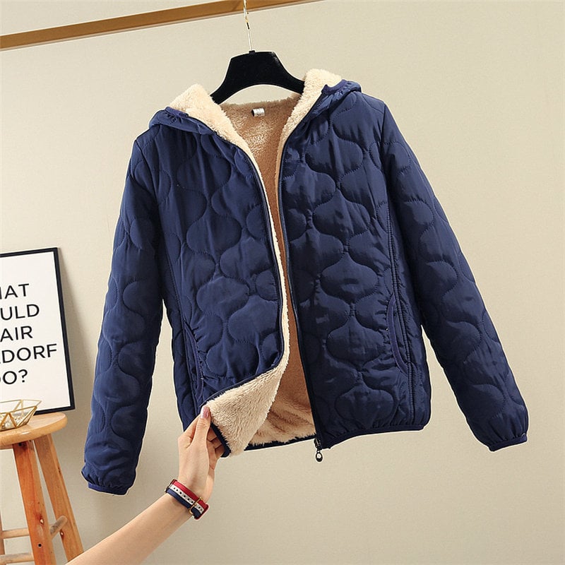 Moterų trumpas medvilnės pūkuotas švarkas su gobtuvu, užtrauktukas, labai stora užpildo sluoksnis, poliesterio audinys