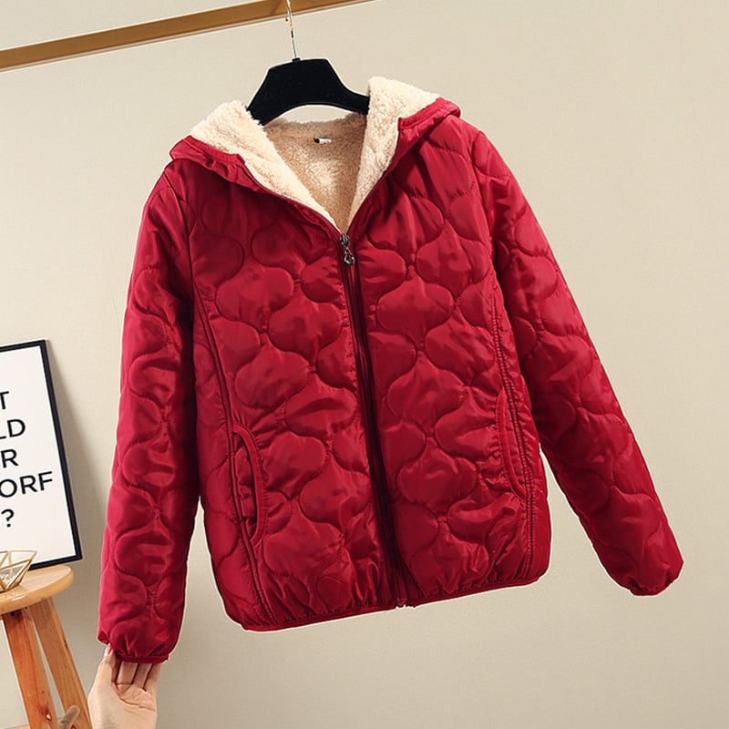 Moterų trumpas medvilnės pūkuotas švarkas su gobtuvu, užtrauktukas, labai stora užpildo sluoksnis, poliesterio audinys