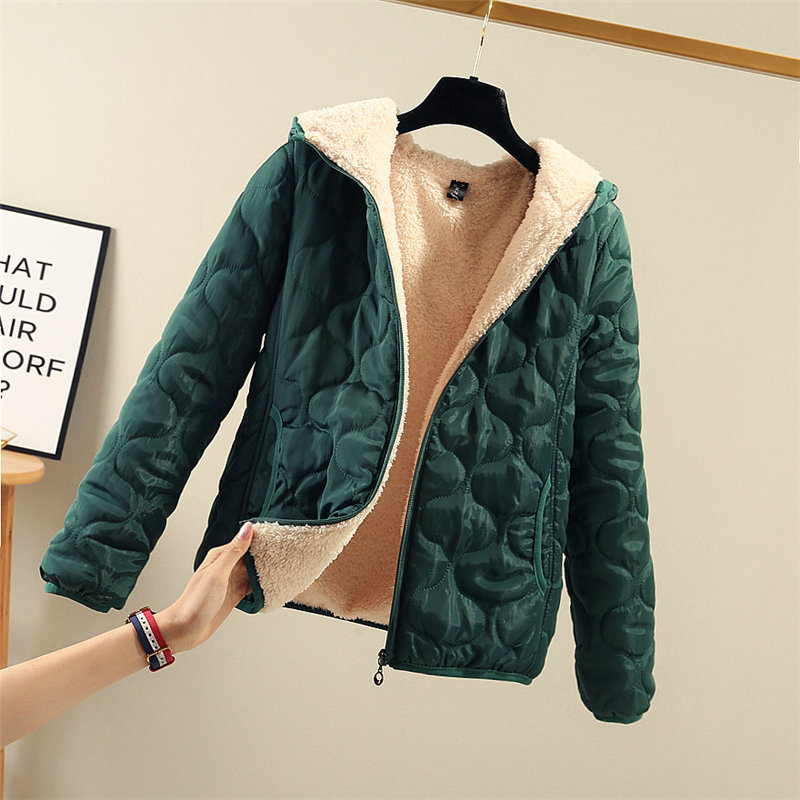 Moterų trumpas medvilnės pūkuotas švarkas su gobtuvu, užtrauktukas, labai stora užpildo sluoksnis, poliesterio audinys