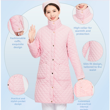 Slaugytojo palto su medvilnės įdaru, poliesterio audinys, ilgas kirpimas, ilgos rankovės, vienos eilės užsegimas