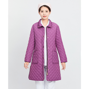 Slaugytojo palto su medvilnės įdaru, poliesterio audinys, ilgas kirpimas, ilgos rankovės, vienos eilės užsegimas