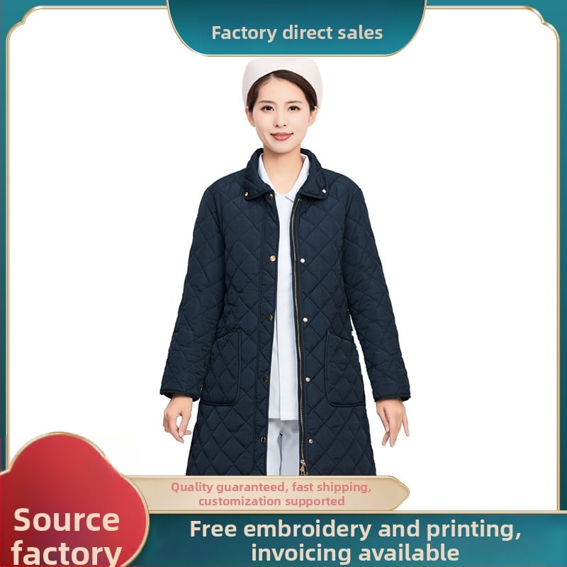 Slaugytojo palto su medvilnės įdaru, poliesterio audinys, ilgas kirpimas, ilgos rankovės, vienos eilės užsegimas