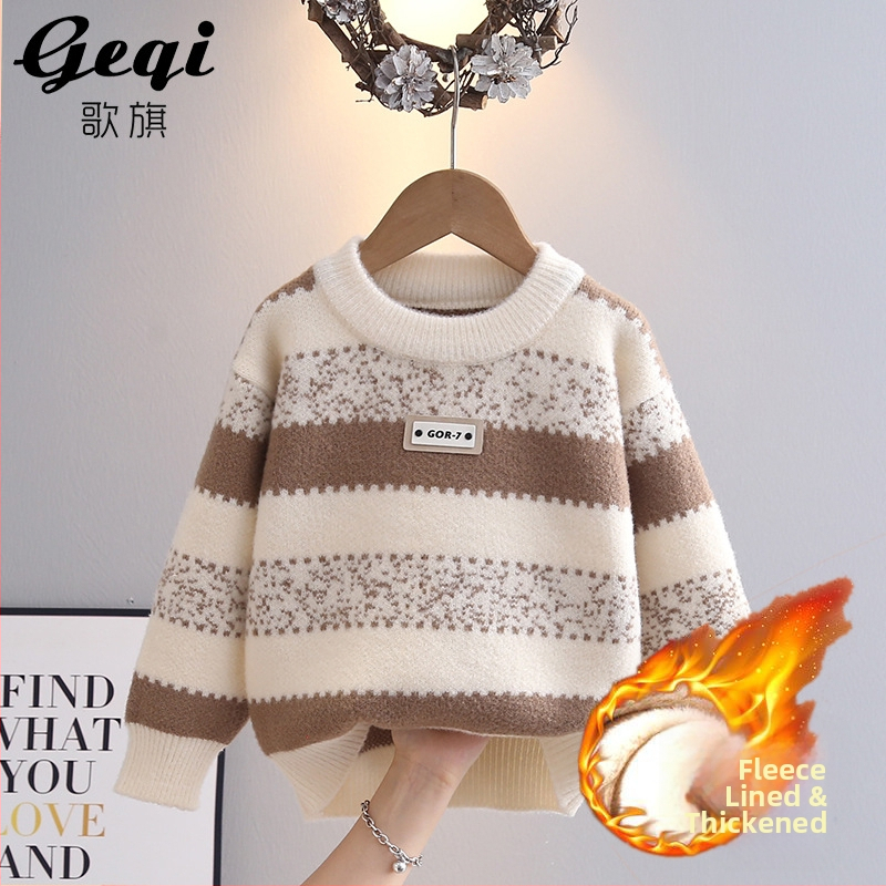 Bērnu adījuma džemperis no Korejas velūra, biezs, garās piedurknes, apaļš kakls, burta raksts, 3–8 gadu vecums, rudens 2025