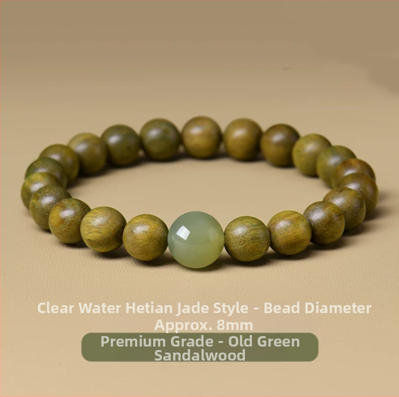Zeleni sandalwood narukvica s Hetian jade perlama, unisex, prirodni stil, proljeće 2025