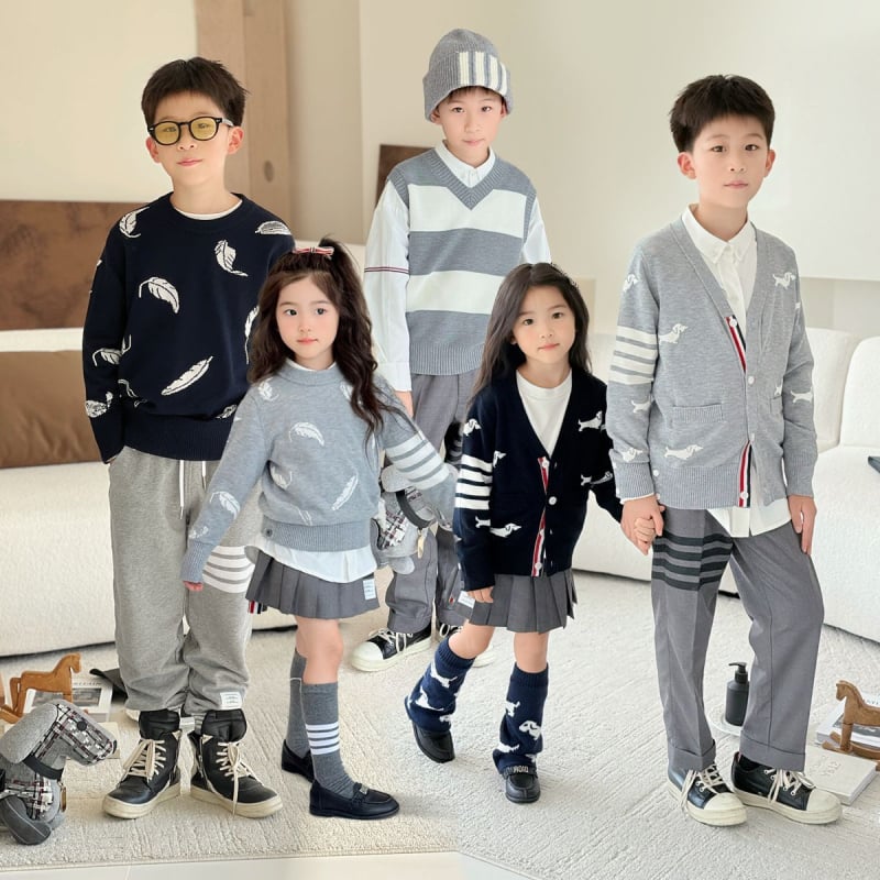 Bērnu adīts džemperis korejā stilā, garas piedurknes, apaļš kakla izgriezums, dubultā aizdare, vecuma grupa 3-8 gadi, rudens 2025, kokvilnas maisījums