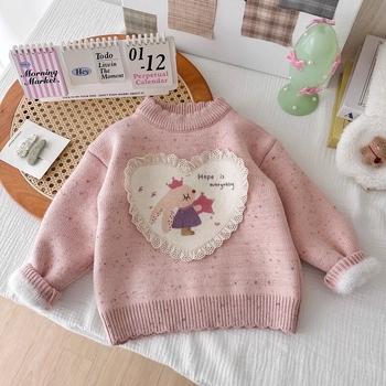 Bērnu adīts džemperis no truša kažokādas, apaļš kakla izgriezums, garās piedurknes, karikatūru raksts, ziemas garderobei