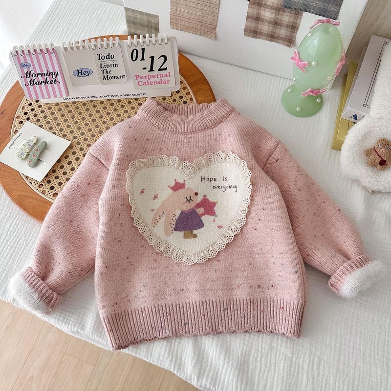 Bērnu adīts džemperis no truša kažokādas, apaļš kakla izgriezums, garās piedurknes, karikatūru raksts, ziemas garderobei