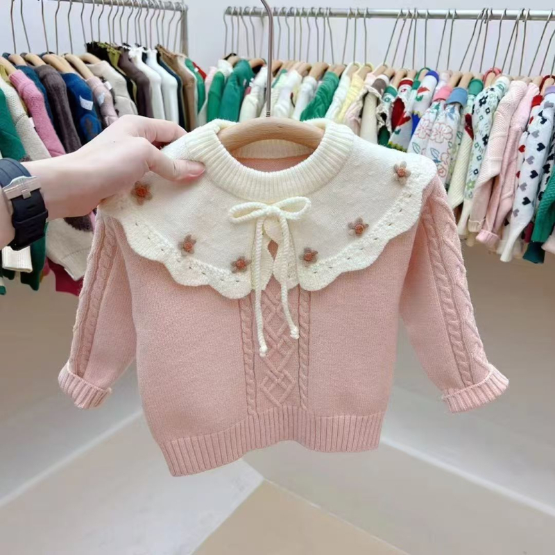 Bērnu adīts džemperis no truša kažokādas, apaļš kakla izgriezums, garās piedurknes, karikatūru raksts, ziemas garderobei