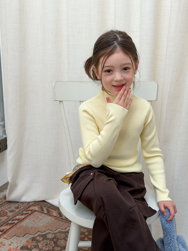 Pulover tricotat pentru copii, stil coreean, guler înalt, mâneci lungi, pentru vârsta 3–8 ani, amestec acrilic 57%/ nylon 14%/ polyester 29%, atingere moale, iarnă 2025