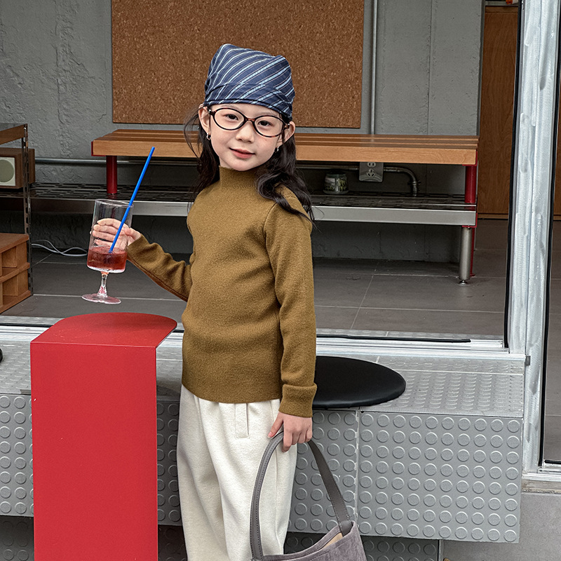 Pulover tricotat pentru copii, stil coreean, guler înalt, mâneci lungi, pentru vârsta 3–8 ani, amestec acrilic 57%/ nylon 14%/ polyester 29%, atingere moale, iarnă 2025