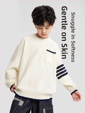 Bērnu svītrainas adīts džemperis, garās piedurknes, apaļš kakls, galvenā auduma 77% poliestera, korejiešu stils