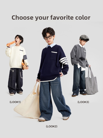 Bērnu svītrainas adīts džemperis, garās piedurknes, apaļš kakls, galvenā auduma 77% poliestera, korejiešu stils