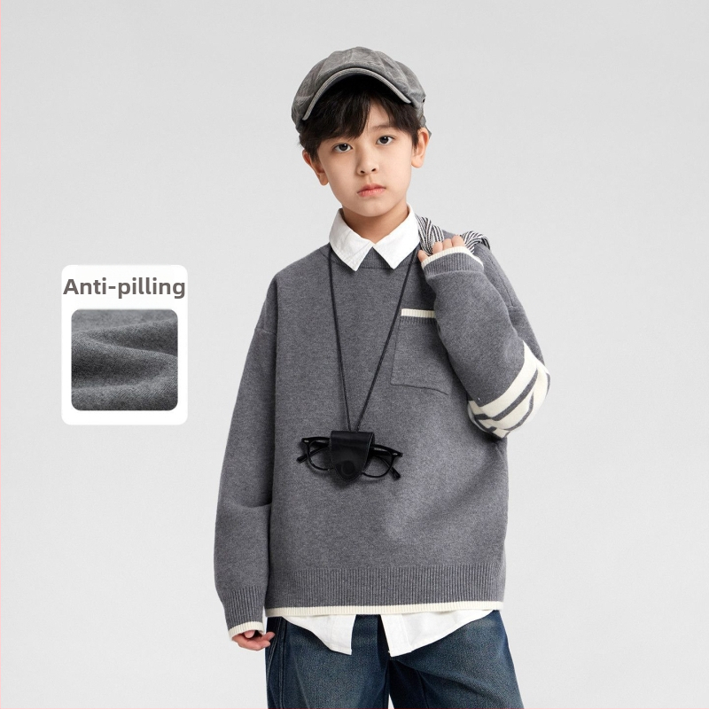 Bērnu svītrainas adīts džemperis, garās piedurknes, apaļš kakls, galvenā auduma 77% poliestera, korejiešu stils