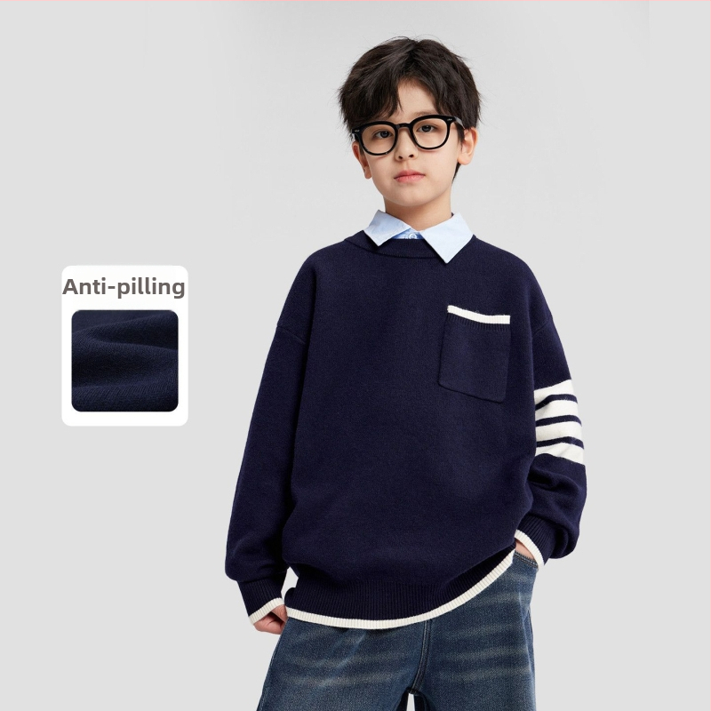 Bērnu svītrainas adīts džemperis, garās piedurknes, apaļš kakls, galvenā auduma 77% poliestera, korejiešu stils