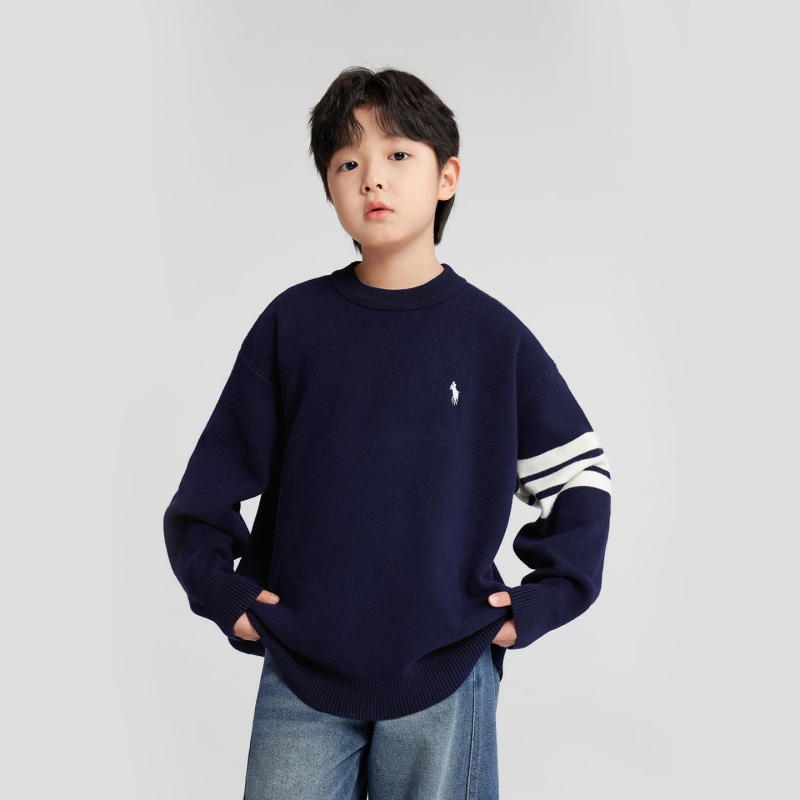 Bērnu svītrainas adīts džemperis, garās piedurknes, apaļš kakls, galvenā auduma 77% poliestera, korejiešu stils