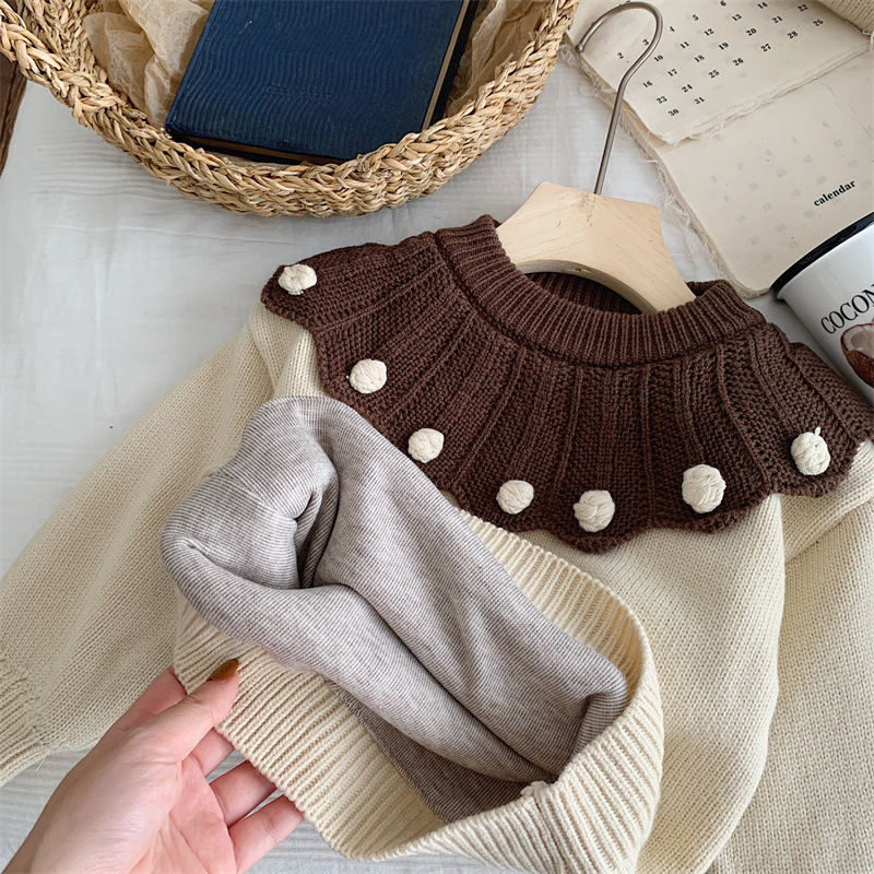 Dječji pleteni džemper u korejskom stilu, s flis podstavom i točkastim uzorkom
