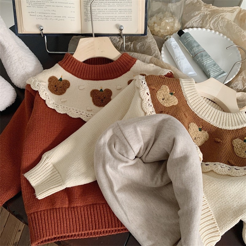 Dječji pleteni džemper u korejskom stilu, s flis podstavom i točkastim uzorkom