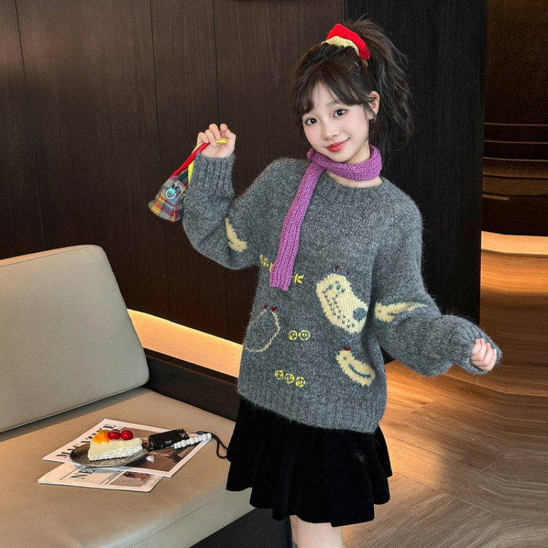 Meitenēm adīts džemperis ar garām piedurknēm, apaļš kakls, korejiešu stils, 75% poliesters, rudens 2025