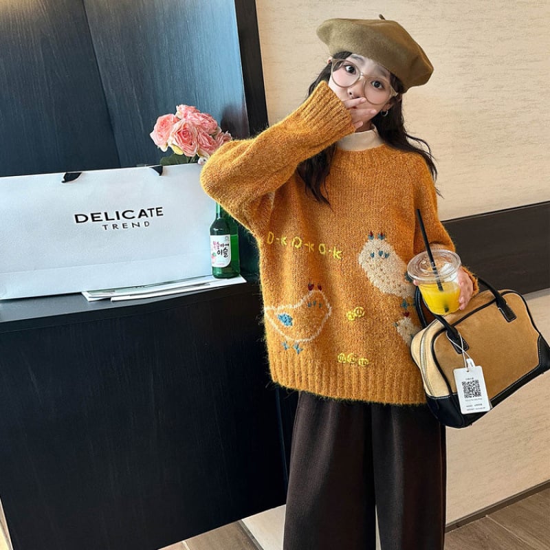 Meitenēm adīts džemperis ar garām piedurknēm, apaļš kakls, korejiešu stils, 75% poliesters, rudens 2025