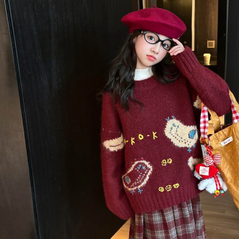 Meitenēm adīts džemperis ar garām piedurknēm, apaļš kakls, korejiešu stils, 75% poliesters, rudens 2025