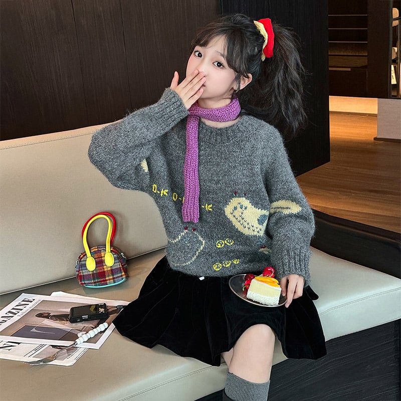 Meitenēm adīts džemperis ar garām piedurknēm, apaļš kakls, korejiešu stils, 75% poliesters, rudens 2025