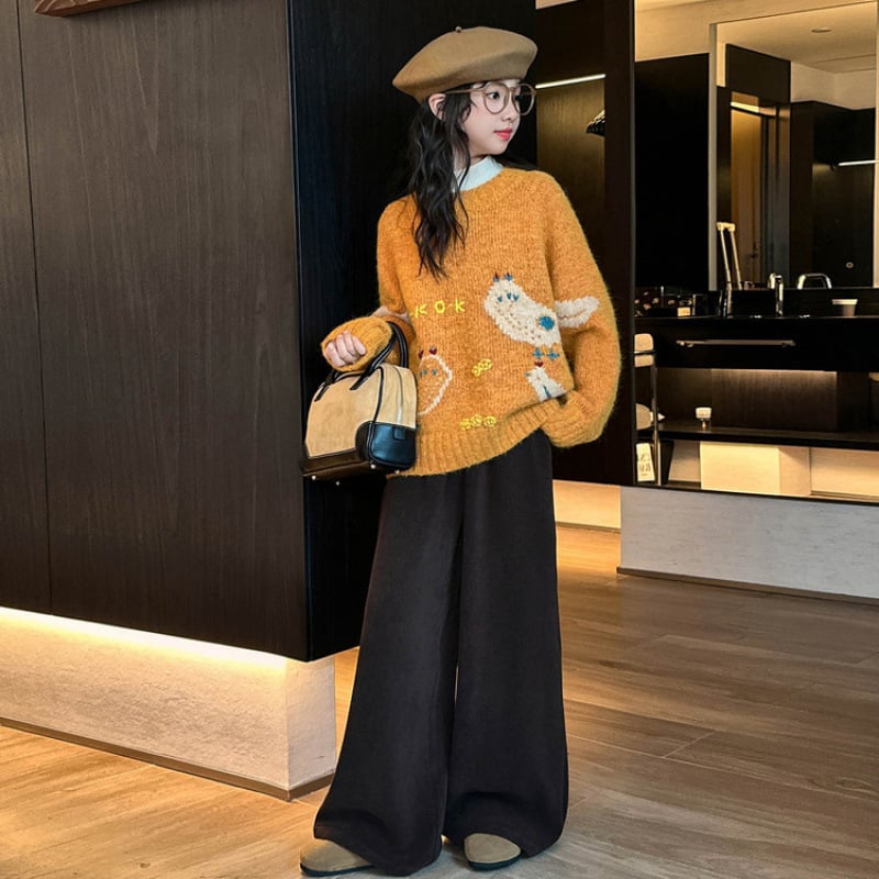 Meitenēm adīts džemperis ar garām piedurknēm, apaļš kakls, korejiešu stils, 75% poliesters, rudens 2025