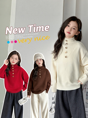 Meitenēm adīts biezs flīsa džemperis ar korejas stila stāvošu apkakli, garām piedurknēm