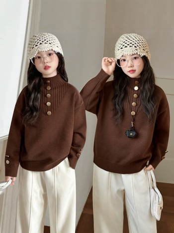 Meitenēm adīts biezs flīsa džemperis ar korejas stila stāvošu apkakli, garām piedurknēm