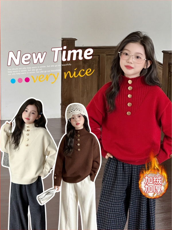 Meitenēm adīts biezs flīsa džemperis ar korejas stila stāvošu apkakli, garām piedurknēm