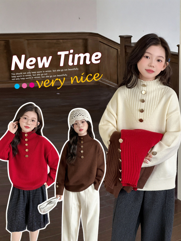 Meitenēm adīts biezs flīsa džemperis ar korejas stila stāvošu apkakli, garām piedurknēm