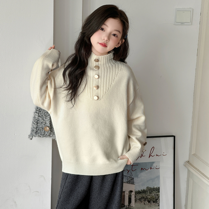 Meitenēm adīts biezs flīsa džemperis ar korejas stila stāvošu apkakli, garām piedurknēm